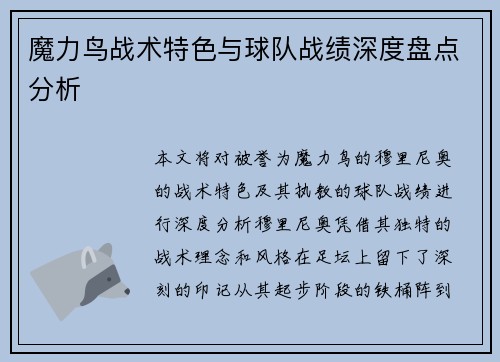 魔力鸟战术特色与球队战绩深度盘点分析 魔力鸟战术特色与球队战绩深度盘点分析
